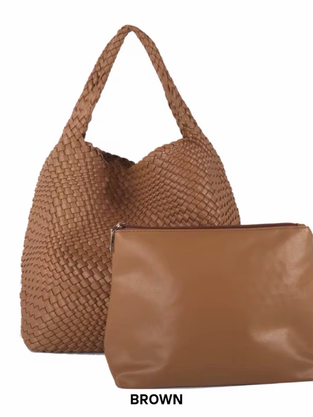 Braided Hobo Tote with Zip Pouch - Brown